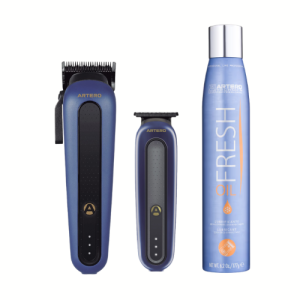 Zestaw fryzjerski BLUE Maszynka fryzjerska bezprzewodowa BROOKLYN + Trymer  BROONX + OIL FRESH Spray